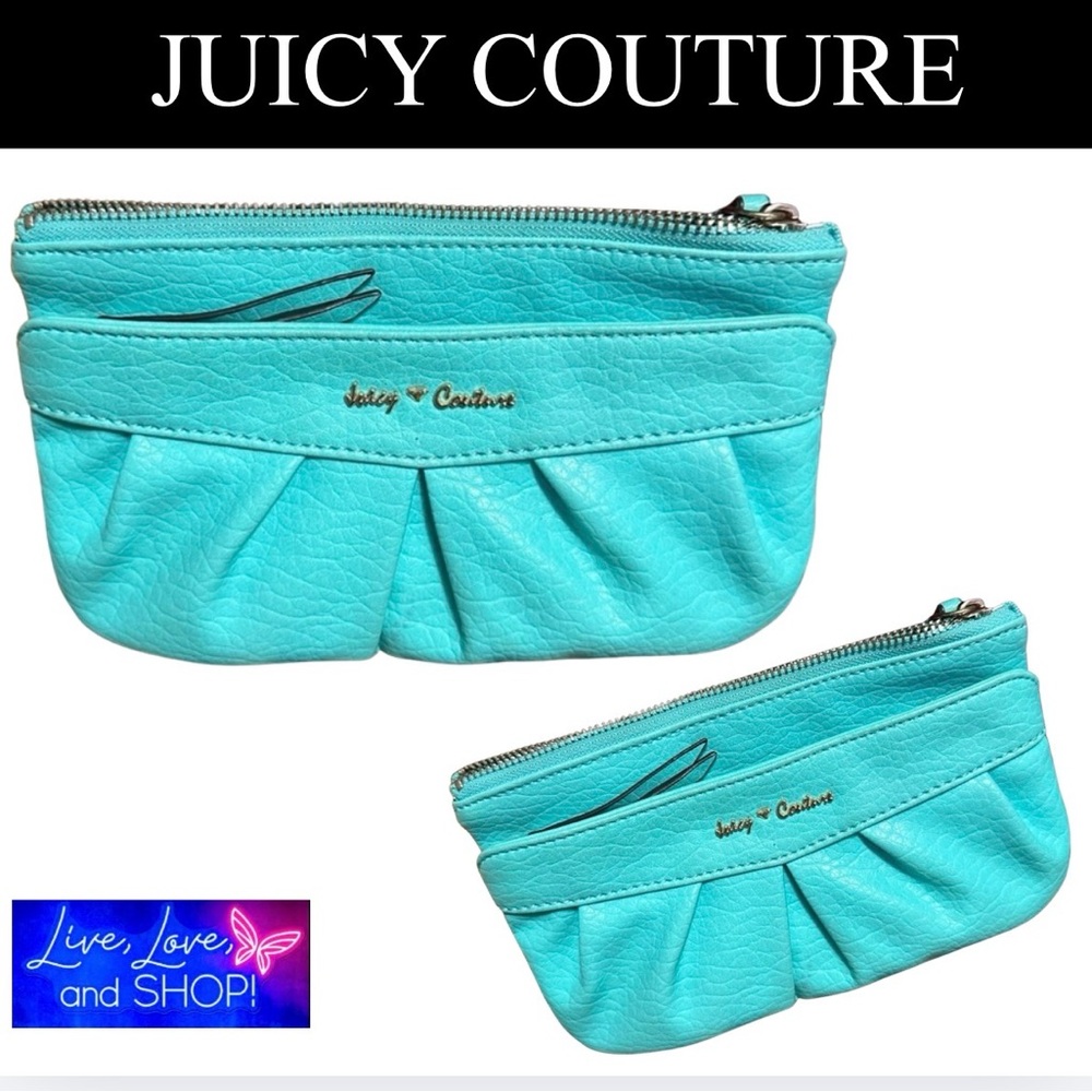 JUICY COUTURE Turquoise Pouch w/Golden Detailing and Wristlet Strap, EUC